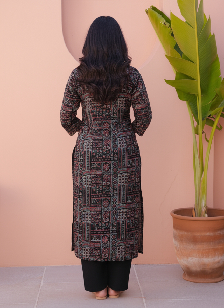 Viscose Patchwork Straight Black Kurta