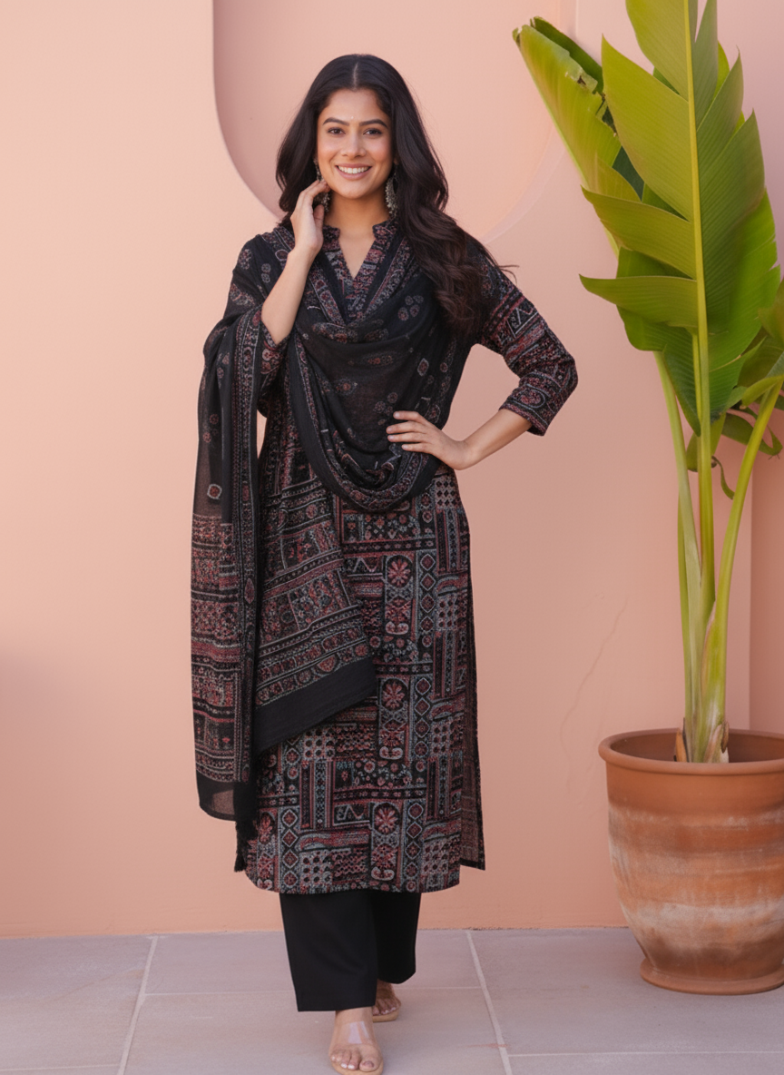 Viscose Patchwork Straight Black Kurta