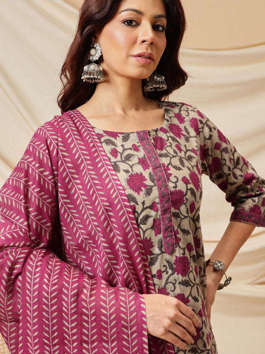 Ginni Arora Label Floral Printed Pure Cotton Straight Kurta & Trouser With Dupatta