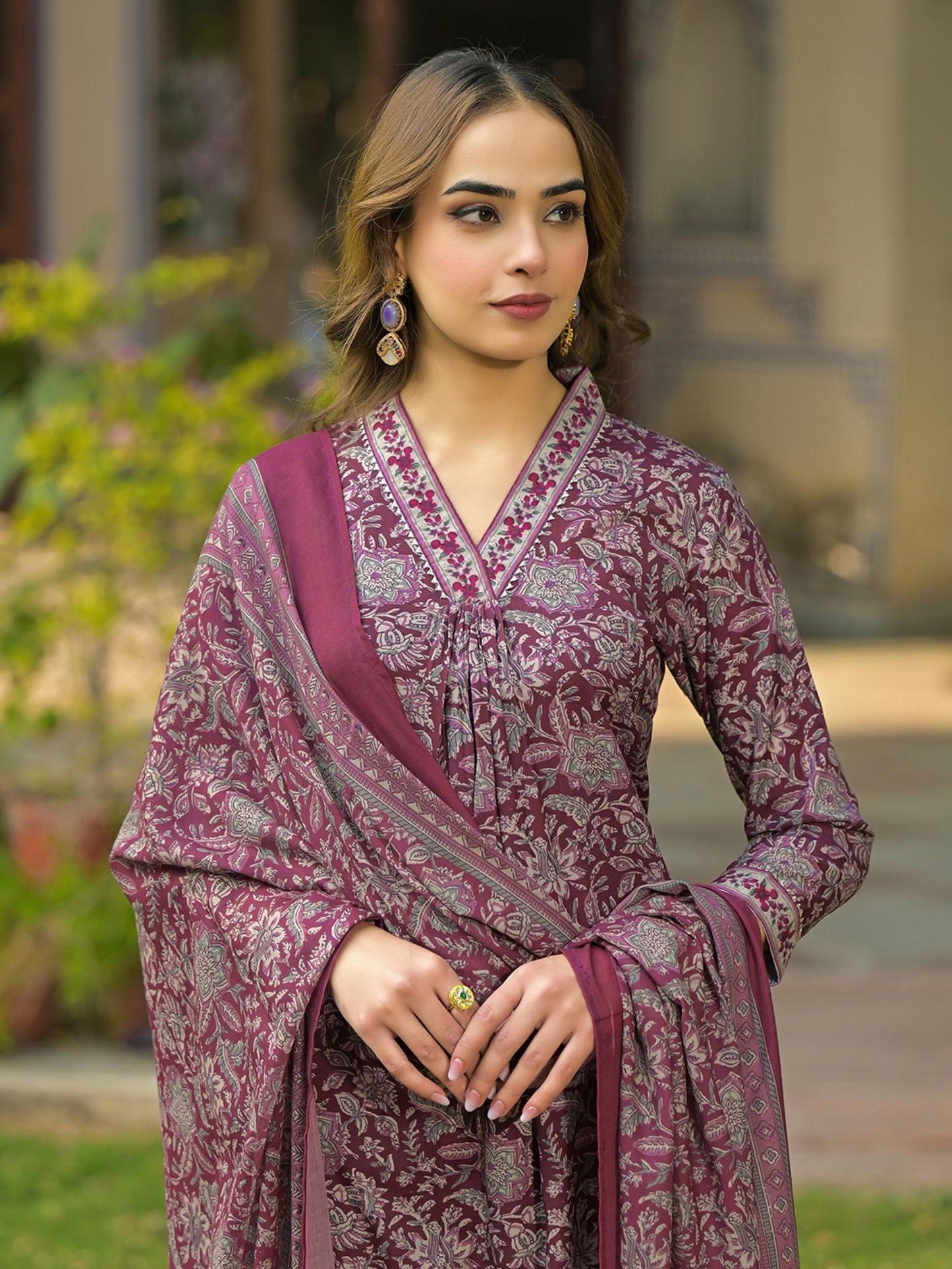 Burgundy Rayon Blend Floral Printed Kurta with Pant and Dupatta (Set of 3)