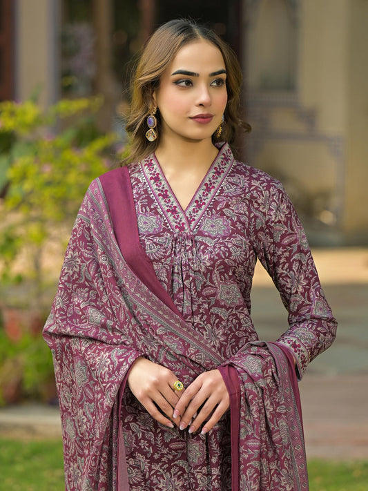 Burgundy Rayon Blend Floral Printed Kurta with Pant and Dupatta (Set of 3)