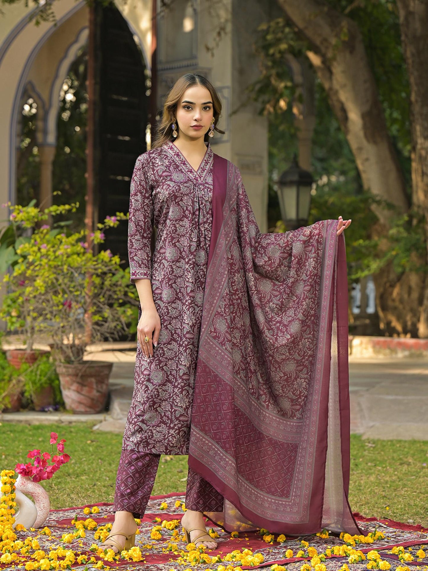 Burgundy Rayon Blend Floral Printed Kurta with Pant and Dupatta (Set of 3)