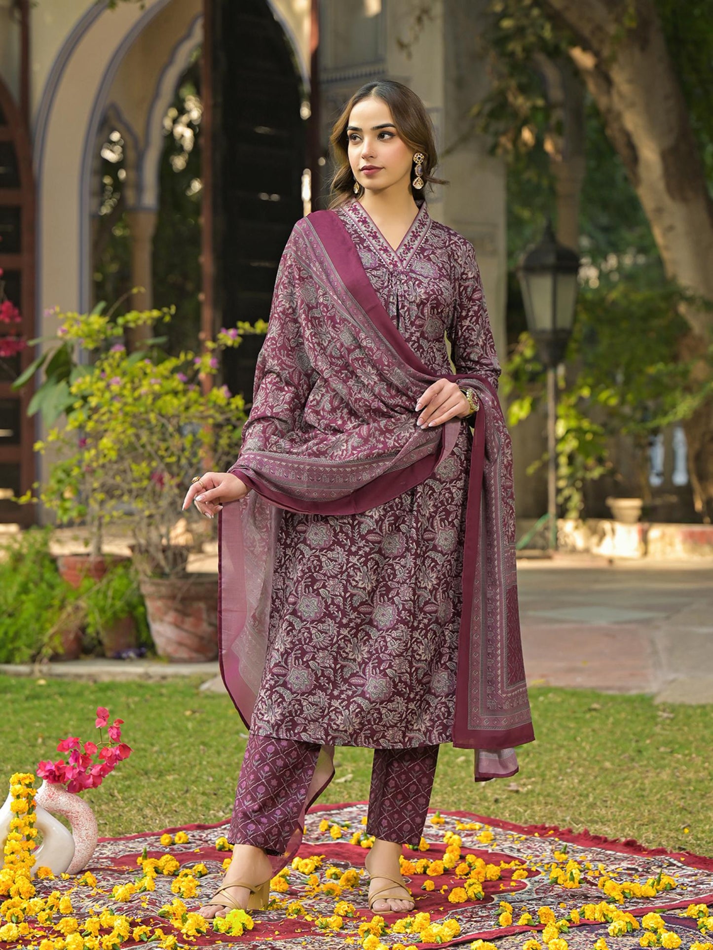 Burgundy Rayon Blend Floral Printed Kurta with Pant and Dupatta (Set of 3)