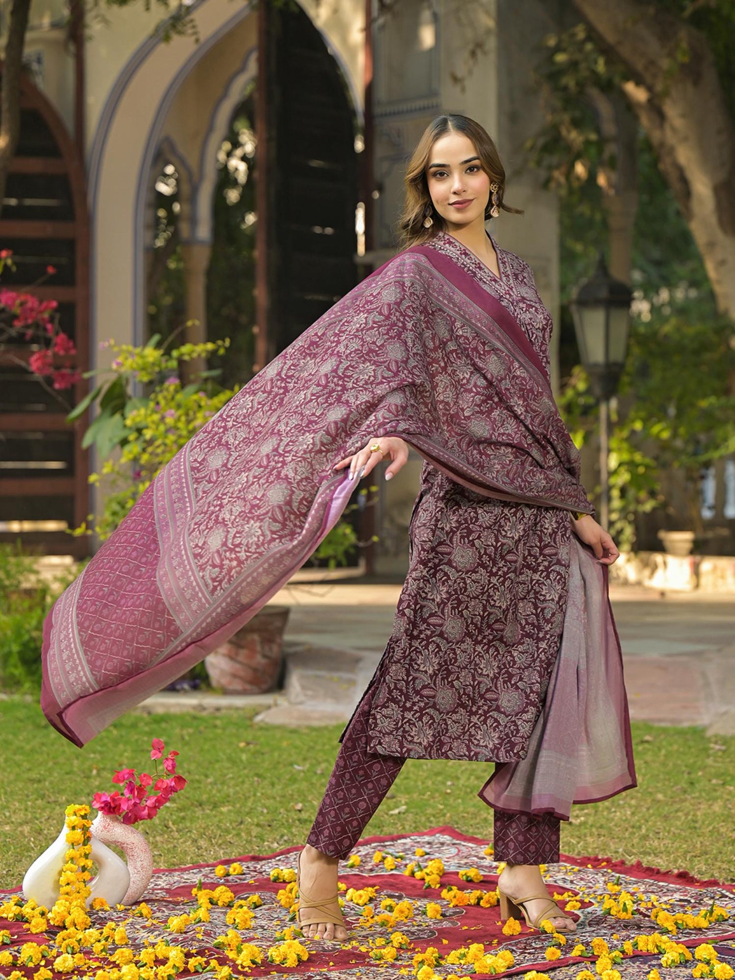 Burgundy Rayon Blend Floral Printed Kurta with Pant and Dupatta (Set of 3)