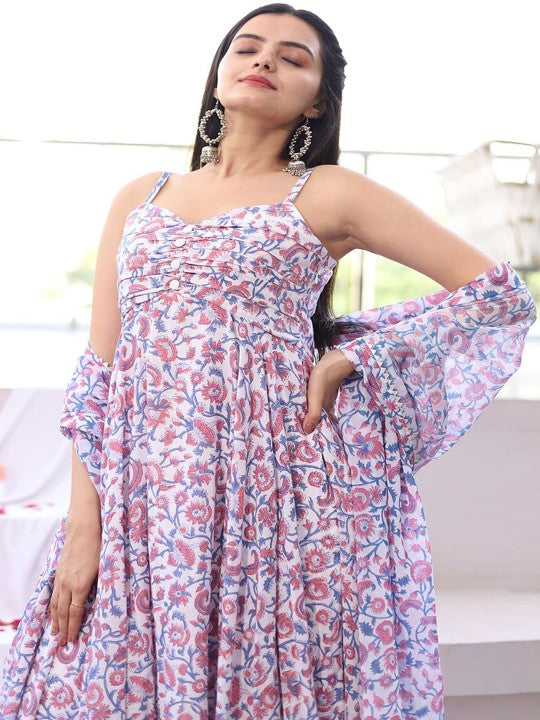 WEAVLLITE Floral Printed Anarkali Pure Cotton Kurta with Trousers & Dupatta