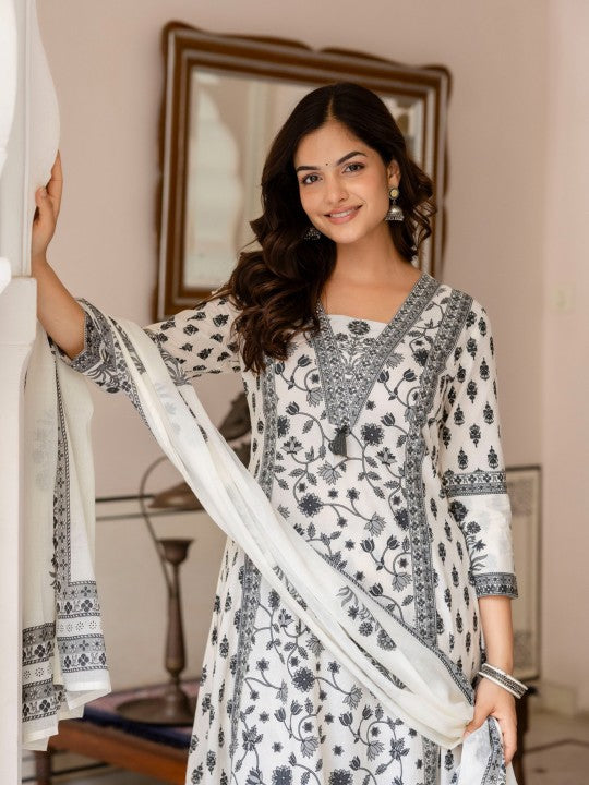 Anouk Women Floral Printed Sequinned Pure Cotton Kurta with Palazzos & Dupatta Kurta Sets