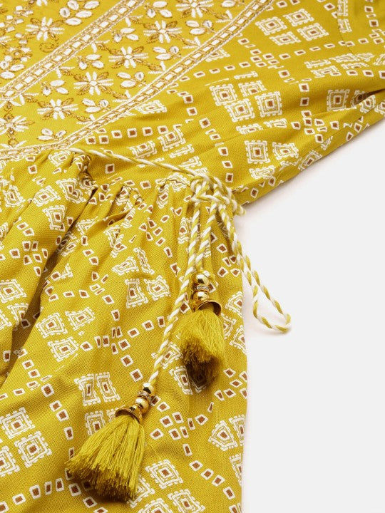 Ishin Bandhani Embroidered Kurta with Trousers and Tie and Dye Hand Tassels Dupatta