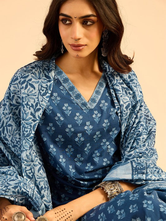 Indo Era Floral Printed Pure Cotton Kurta With Palazzos & Dupatta