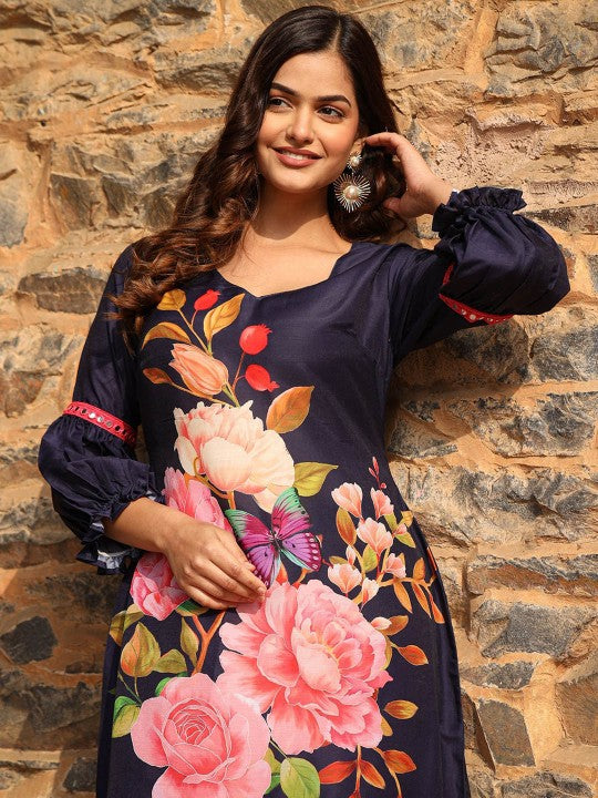 ASHEERA Printed V-Neck Pure Cotton Tunic & Palazzos