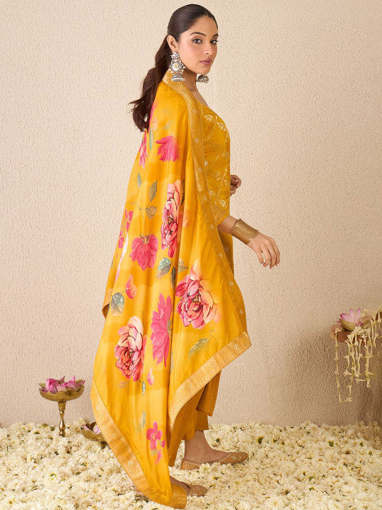 Indo Era Women Ethnic Motifs Embroidered Regular Kurta with Trousers & With Dupatta