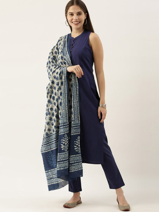 Taavi Women Navy Blue Indigo Hand Block Print Pure Cotton Kurta Set