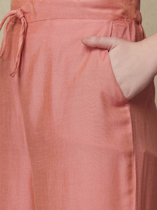 FASHOR Peach-Coloured Floral Embroidered Gotta Patti Kurta