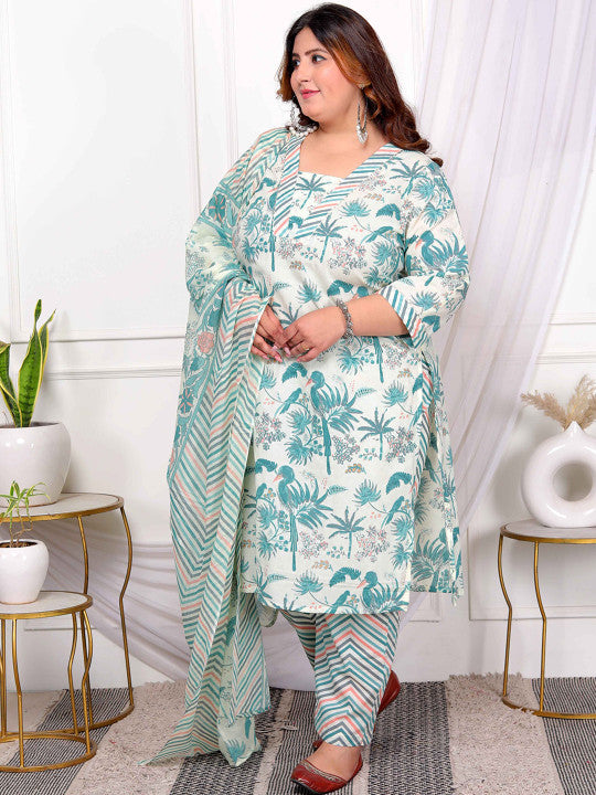 Floral Printed Pure Cotton Straight Kurta With Palazzo And Dupatta