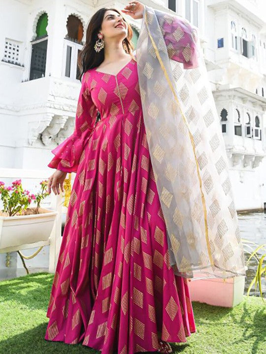 Printed Bell Sleeves V-neck Maxi Ethnic Dress with Dupatta