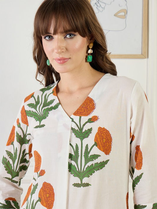 Indo Era Printed Cotton V Neck Top With Trousers Co-Ords