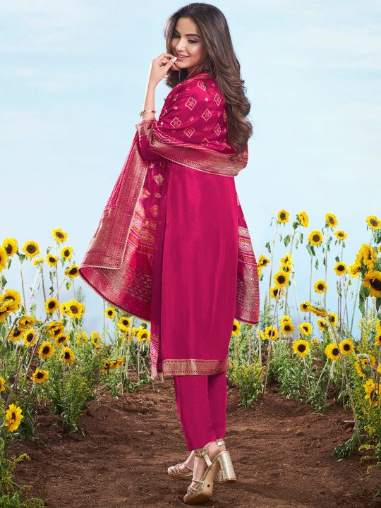 Inddus Floral Embroidered Sequnnied Jacquard Straight Kurta