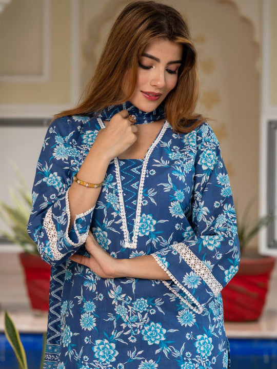 Jaitpuriya Women Floral Printed Cotton Kurta with Trousers & Dupatta