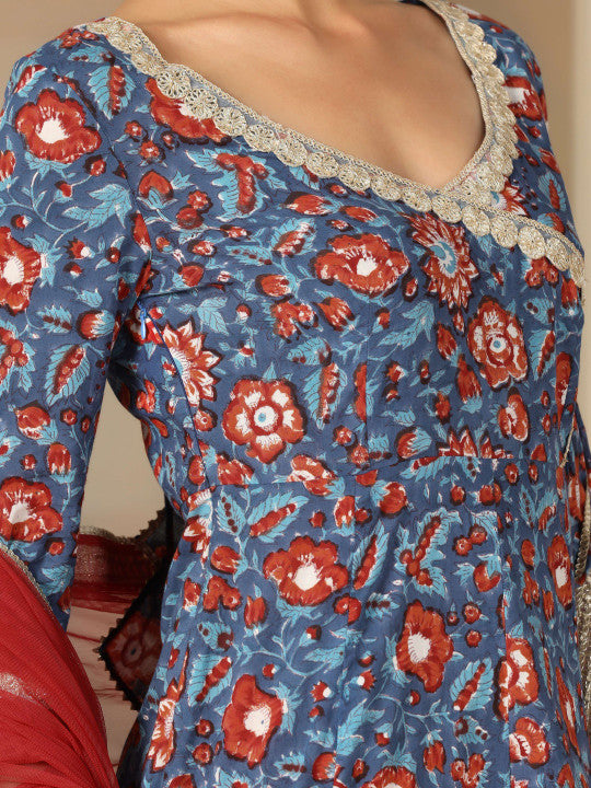 FLY STITCH Women Floral Printed Angrakha Gotta Patti Pure Cotton Kurta Set With Dupatta