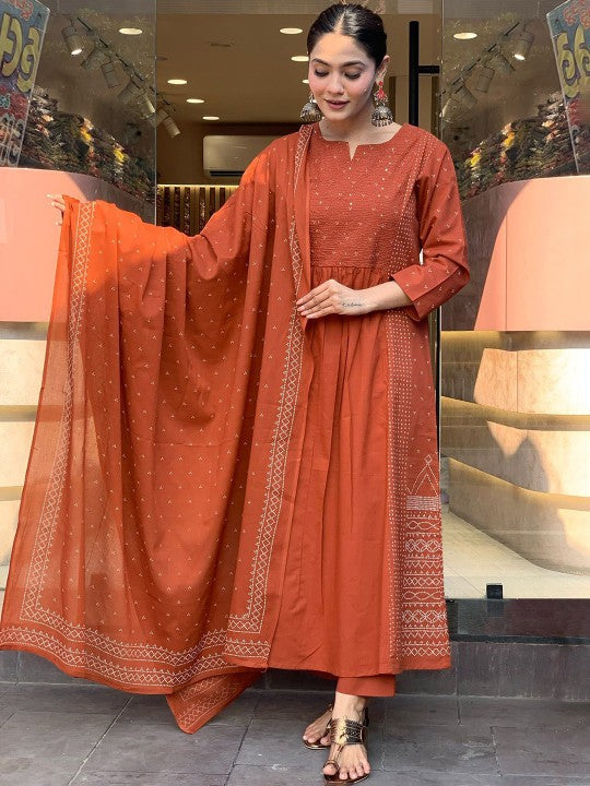 DIVASTRI Bandhani Printed Notch Neck Anarkali Kurta With Palazzos & Dupatta