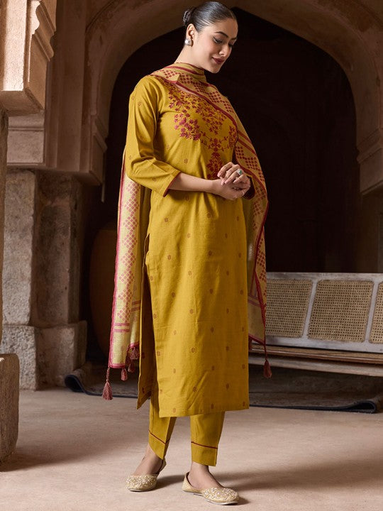WOMEN PLUS Women Ethnic Motifs Embroidered Jamdani Pure Cotton Kurta Set