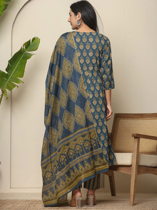 Yufta Floral Printed Pure Cotton Maternity Anarkali Kurta With Trousers & Dupatta