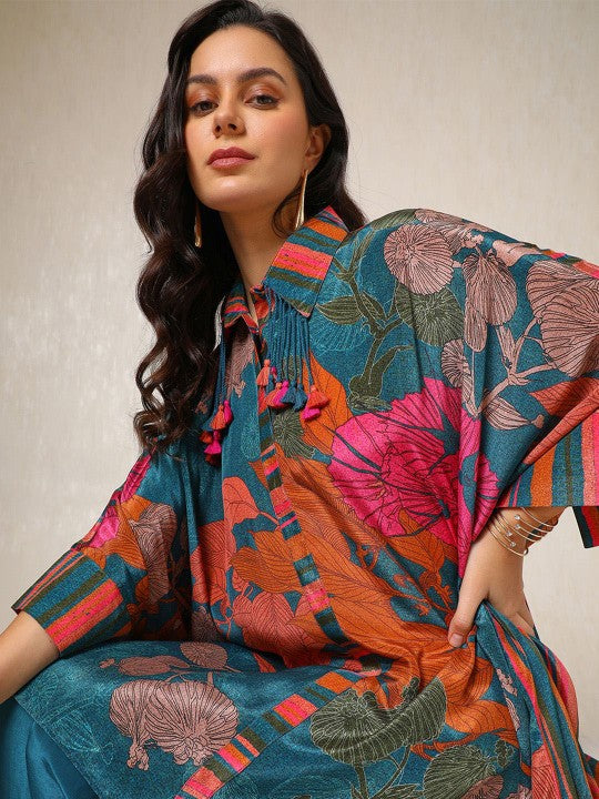 Floral Printed Shirt Collar Kaftan Casual Shirt With Trousers