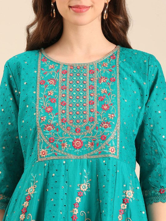 Anouk Women Floral Embroidered Regular Thread Work Pure Cotton Kurta with Trousers & With Dupatta