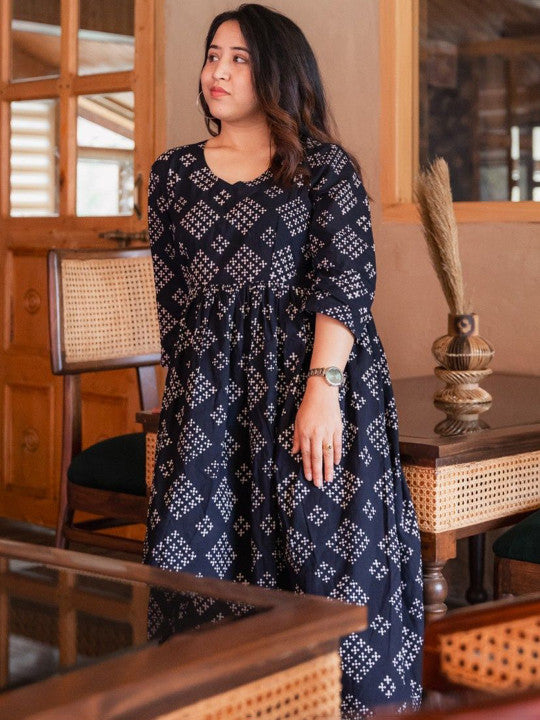 inkara Geometric Printed Cotton Anarkali Ethnic Dress