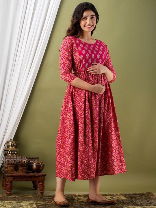 KURTI Ethnic Motifs Printed Round Neck Cotton Maternity Midi Ethnic Dresses