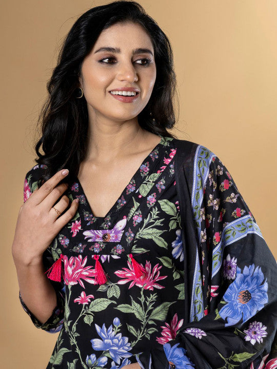 Floral Printed Pure Cotton Straight Kurta With Trouser & Dupatta
