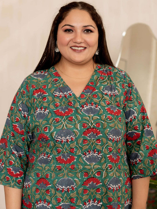 Floral Printed V-Neck Pure Cotton Kurta With Trousers And Dupatta