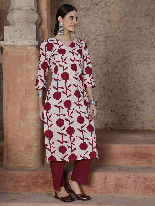 Taavi Geometric Dabu Printed Kurta With Trousers & Dupatta Set