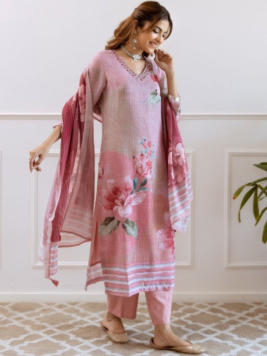 FILO HEVIS Floral Printed V-Neck Pure Cotton Straight Kurta With Palazzos & Dupatta