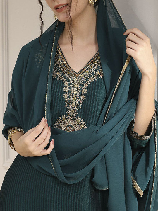 Biba Women Striped Thread Work Straight Kurta with Palazzos & Dupatta