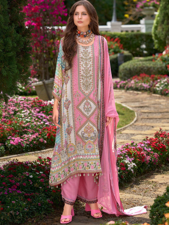 Indo Era Women Floral Printed Regular Mirror Work Liva Kurta with Palazzos & With Dupatta