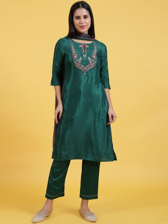 W Women Embroidered Kurta with Trousers & With Dupatta