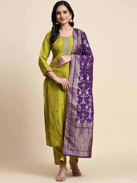 Trendmalls Ethnic Motifs Woven Design Sequinned Pure Silk Kurta