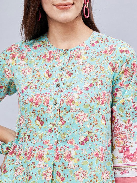 WineRed Floral Printed Round Neck Pure Cotton Top With Trouser & Scrunchie