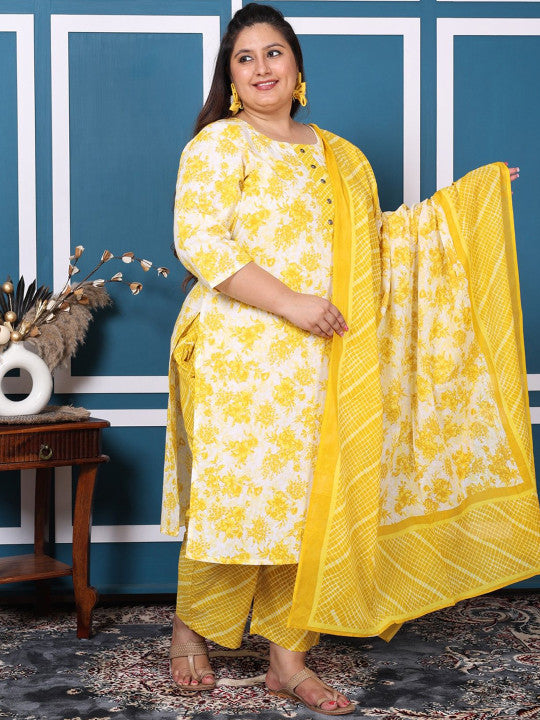 Swasti Plus Size Floral Printed Pure Cotton Straight Kurta with Palazzos & With Dupatta