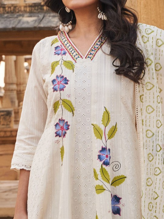 Indo Era Floral Embroidered Mirror Work V-Neck Pure Cotton Kurta With Trousers & Dupatta