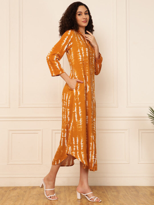 Vibes by Deebaco  Tie and Dye Dyed Shirt Collar Flared A-Line Midi Dress