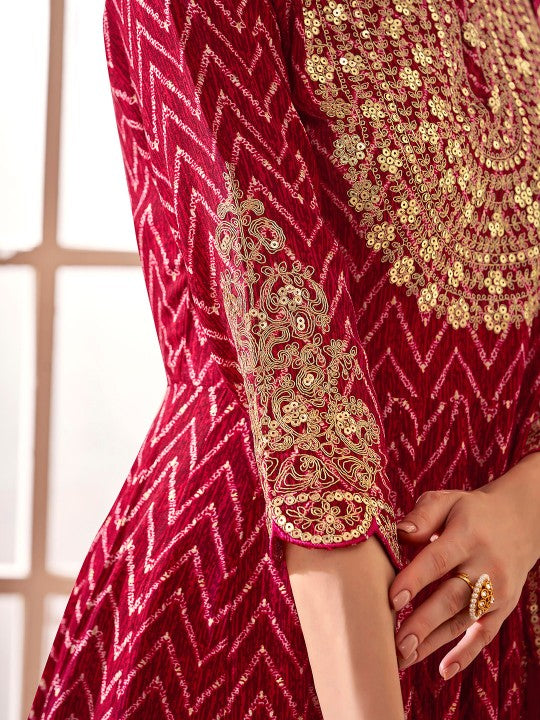 Anouk Maroon Chevron Embroidered Empire Thread Work  Anarkali Kurta