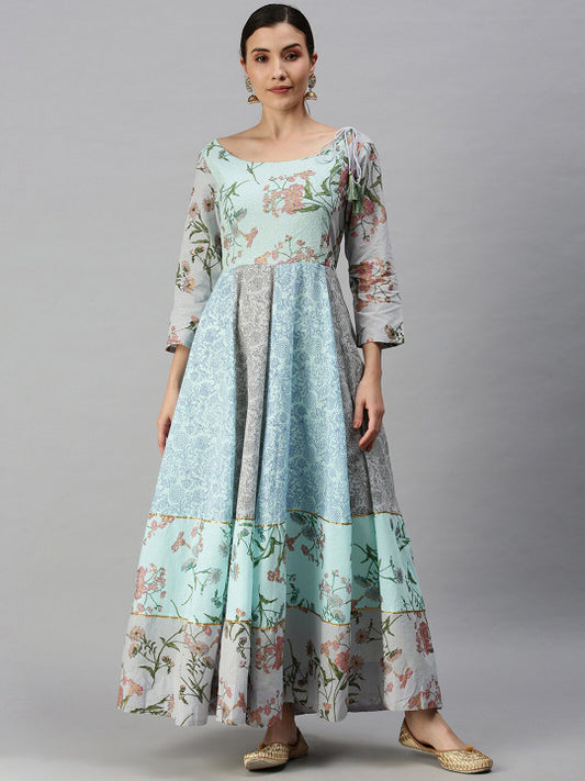 Floral Printed Round Neck Cotton Maxi Ethnic Dress