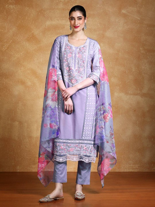 Varanga Women Floral Embroidered Kantha Work Pure Cotton Kurta Trousers & With Dupatta