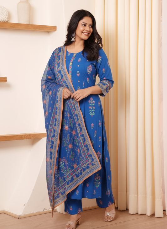 Viscose Floral Flared Blue Kurta