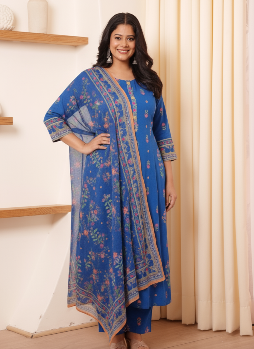 Viscose Floral Flared Blue Kurta