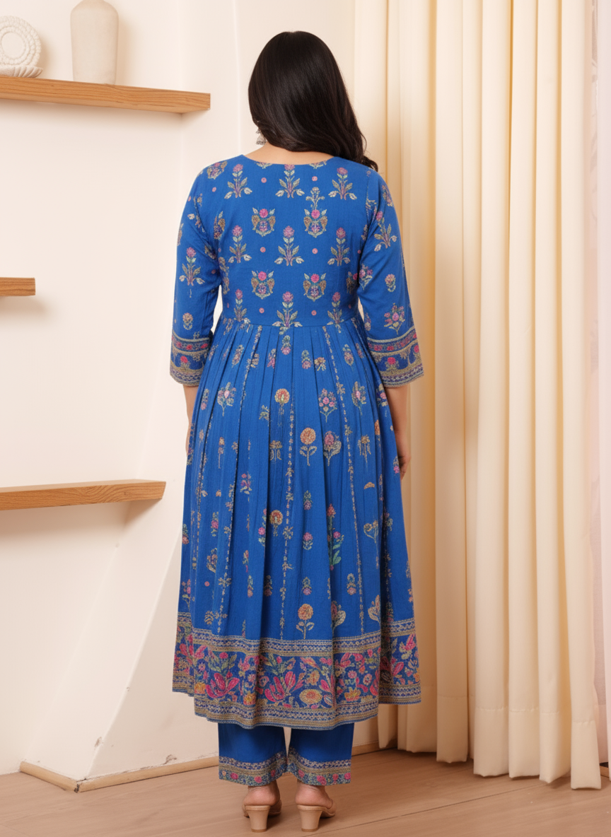 Viscose Floral Flared Blue Kurta
