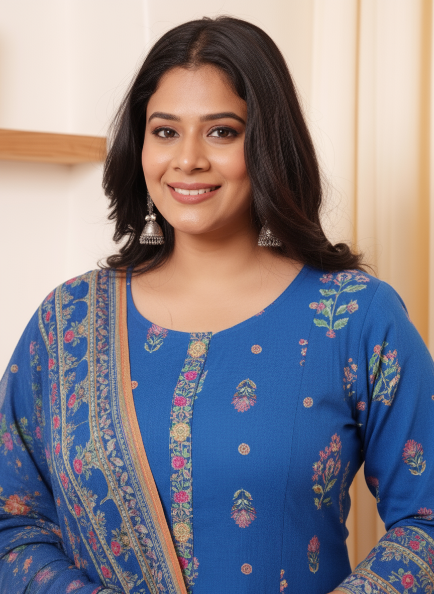 Viscose Floral Flared Blue Kurta