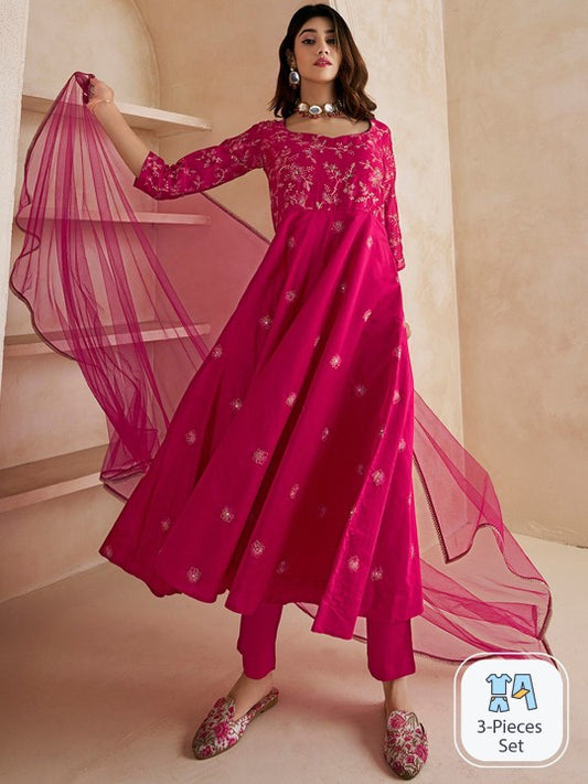 Inddus Magenta Floral Embroidered Anarkali Kurta