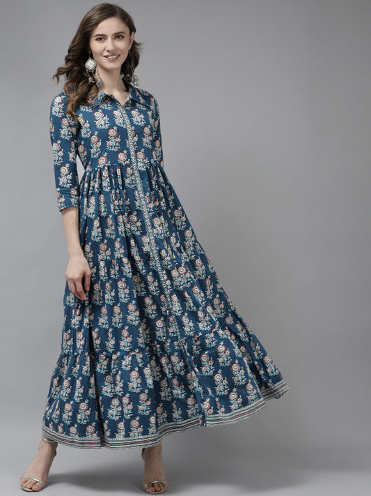 Yufta Blue Floral Print Cotton Maxi Dress